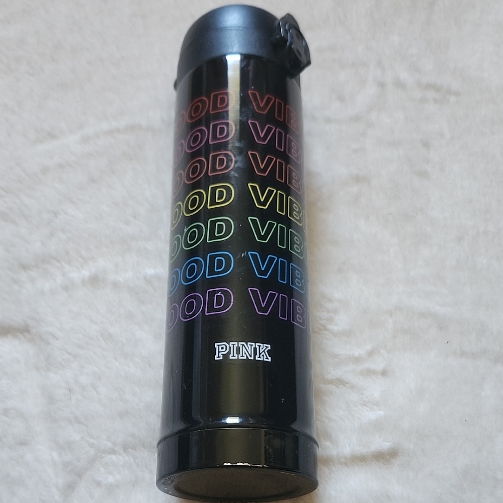 PINK Good Vibes Tall Water Bottle, Black And Colourful, Press Button To Open